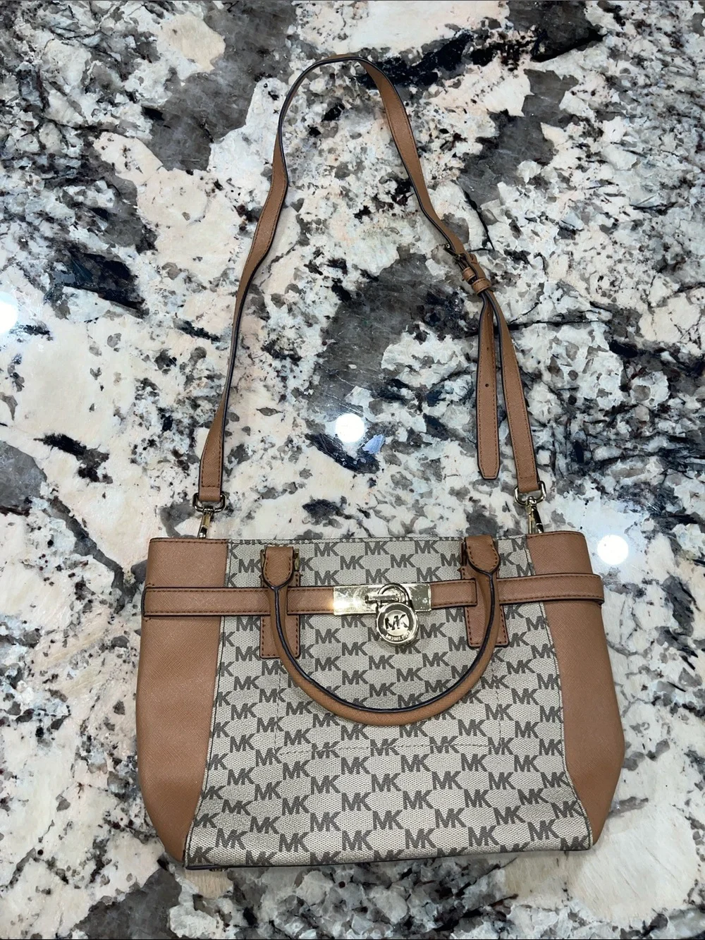 Michael Kors Beige MK Logo Satchel with Tan Trim and Gold Hardware